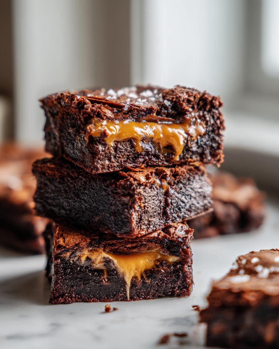 A stack of three fudgy caramel brownies oozing with melted caramel filling, topped with sea salt.