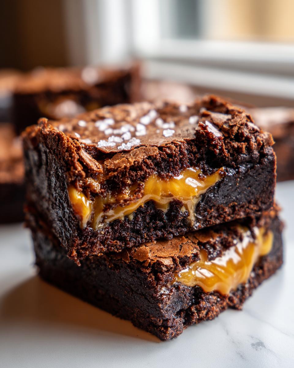 Two stacked, fudgy caramel brownies showing gooey caramel filling and flaky sea salt on top.