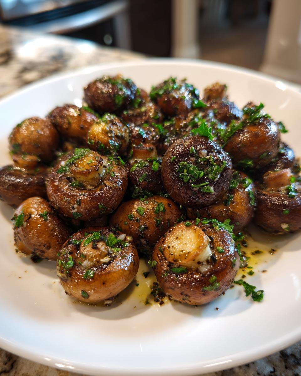 A close-up of whole, sautéed garlic butter mushrooms glistening with sauce and topped with fresh parsley.