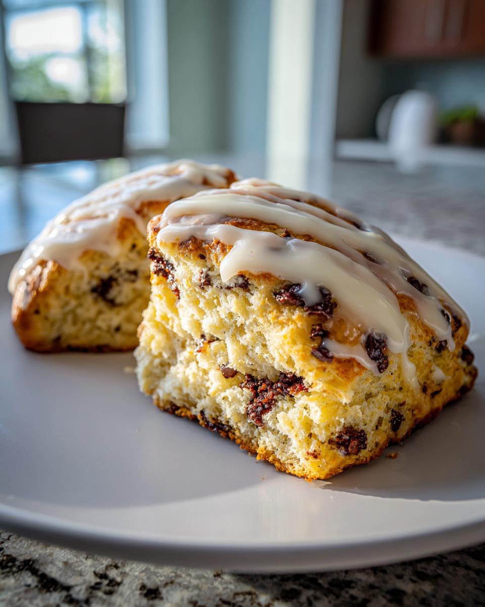 Close-up of two fluffy chocolate chip scones topped with white vanilla glaze on a light plate.