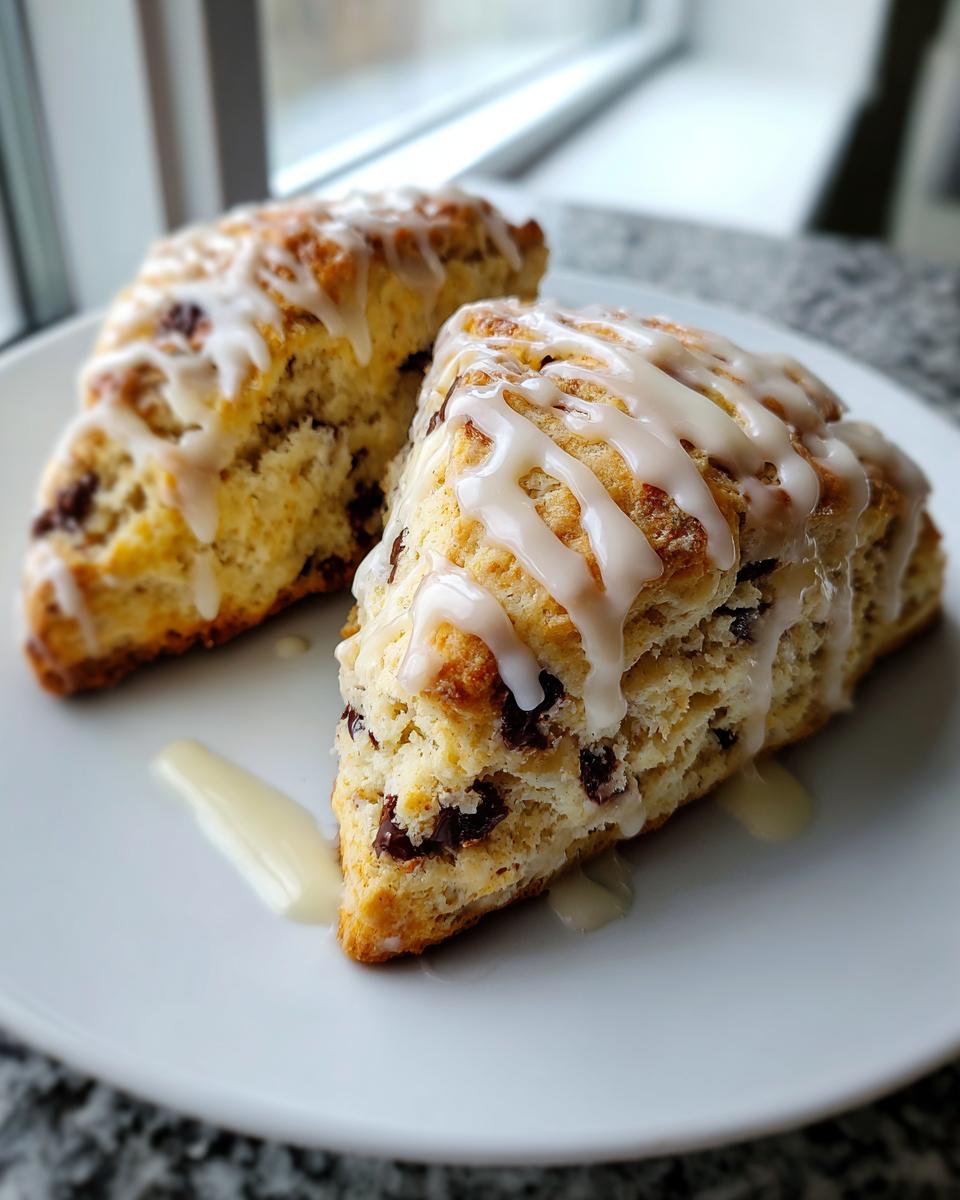 Two triangular chocolate chip scones drizzled with white vanilla glaze, served on a white plate.