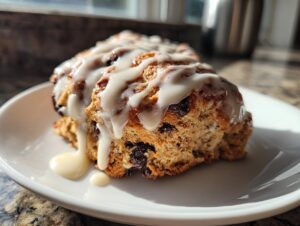 Close-up of a freshly baked chocolate chip scone drizzled with thick white glaze, sitting on a white plate.