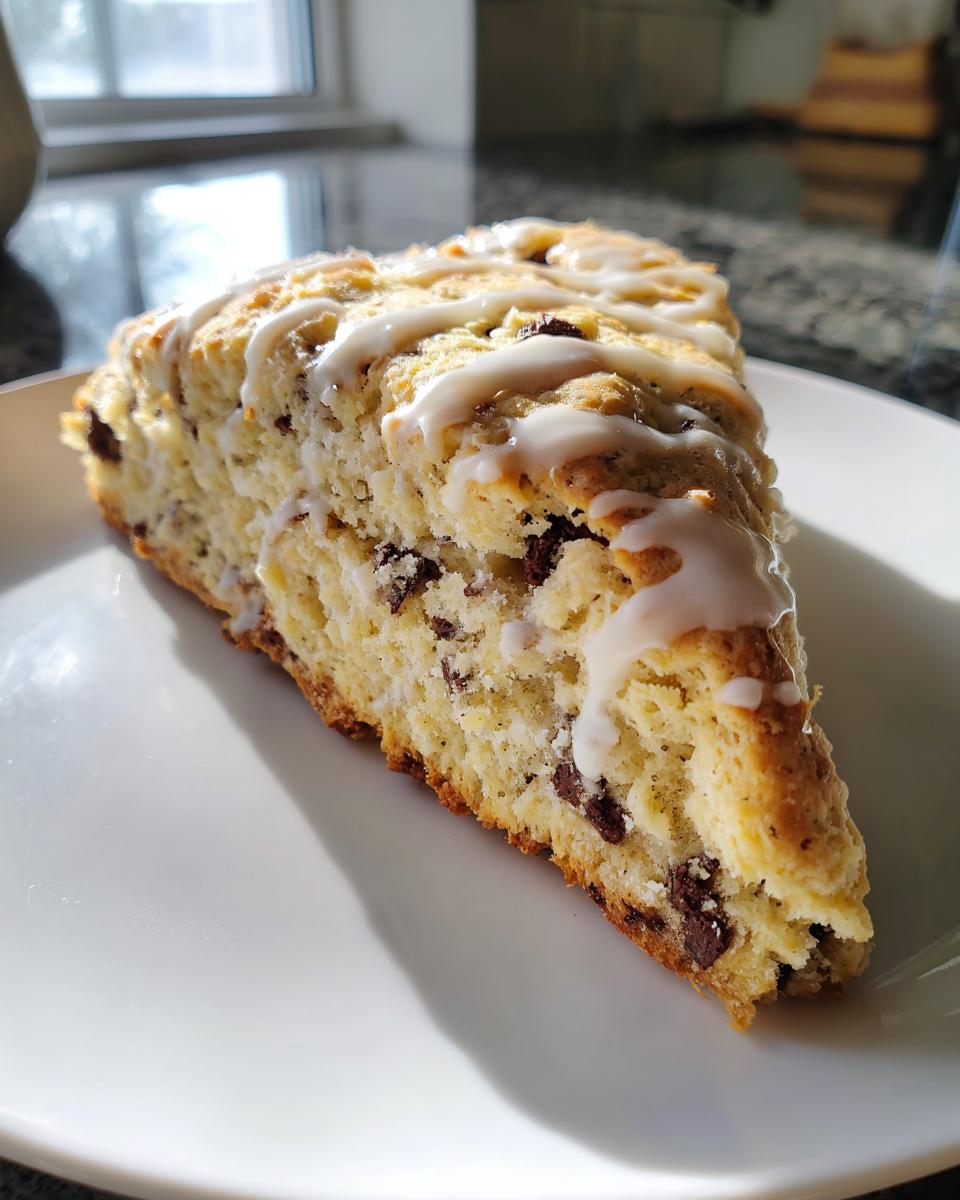 A close-up of a wedge-shaped chocolate chip scone drizzled with white icing, sitting on a white plate.