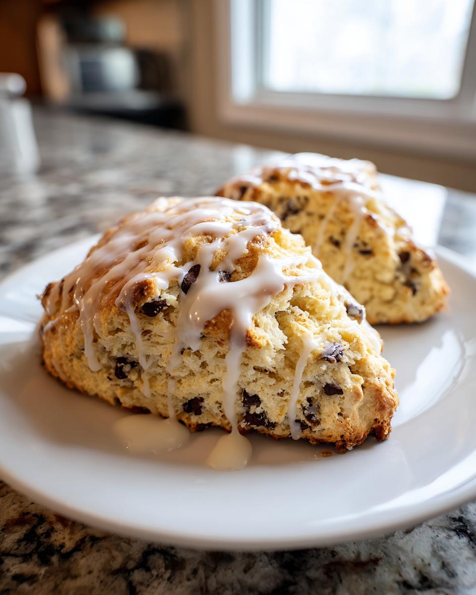 Two freshly baked chocolate chip scones topped with a thick white glaze, sitting on a white plate.