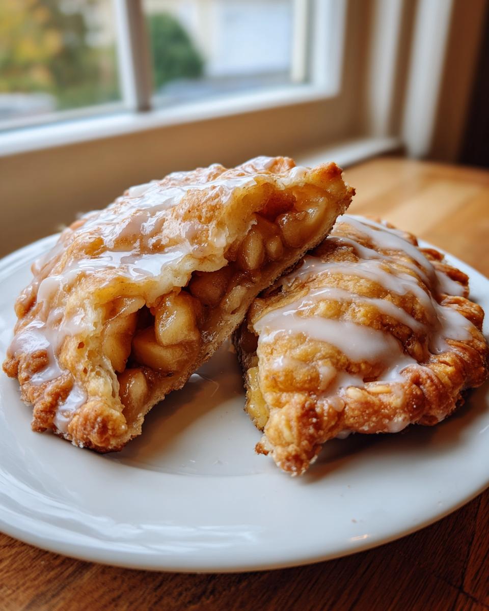 Two halves of a delicious fried apple pie, showing the chunky apple filling and white glaze.