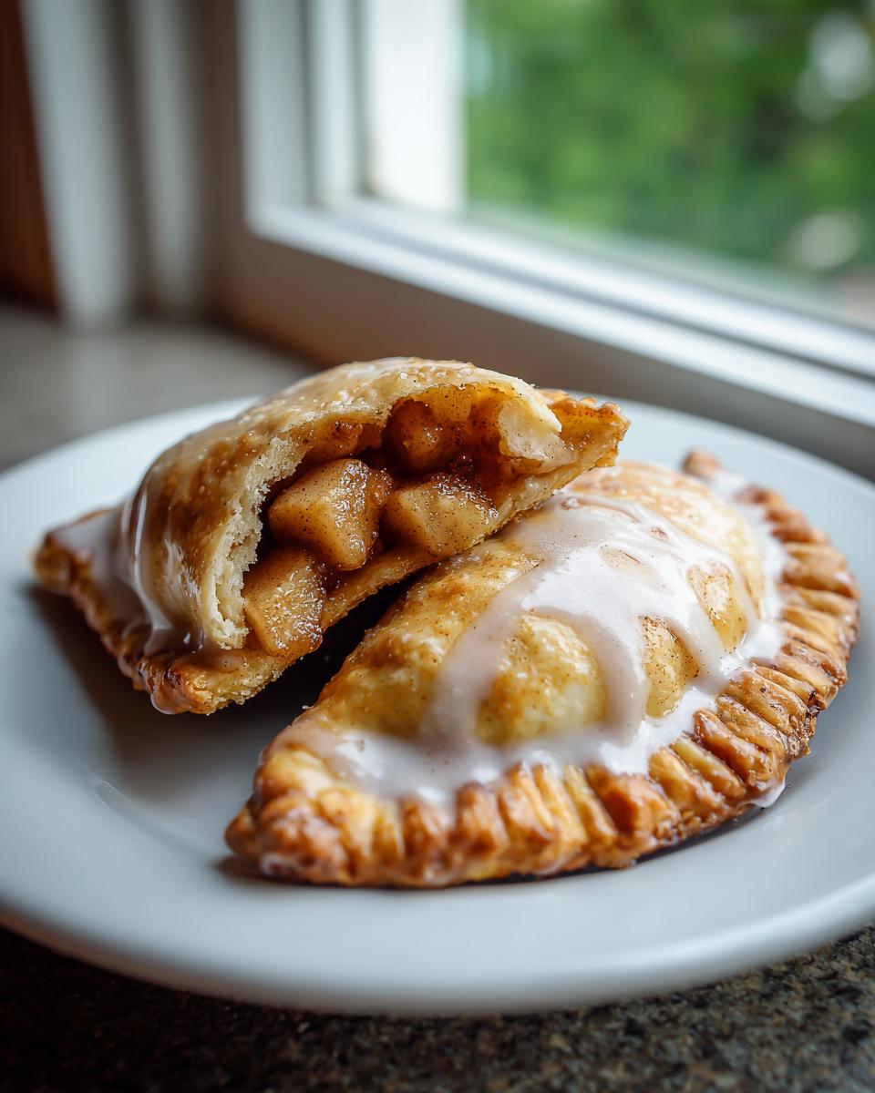 Two golden brown fried apple pies on a white plate, one cut open to show the spiced apple filling, drizzled with white glaze.