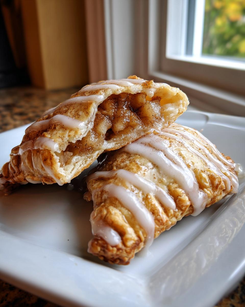 Two halves of a glazed fried apple pie showing the cinnamon apple filling inside.