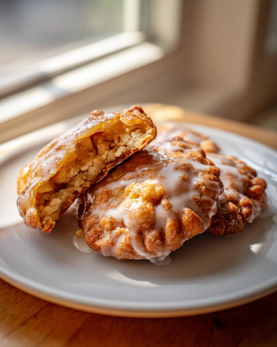 Close-up of glazed fried apple pies, one cut open to show the warm apple filling inside.