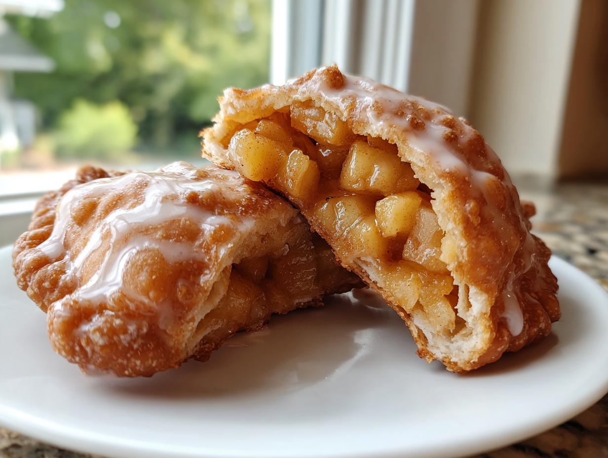 Close-up of a glazed fried apple pie cut in half, revealing chunky cinnamon apple filling.