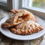 A close-up of delicious fried apple pies, one cut open to show the apple filling, drizzled with white icing.