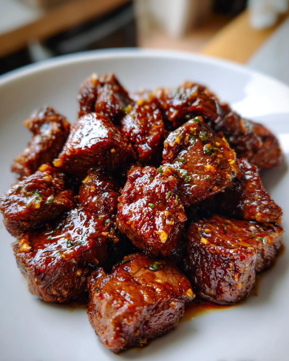 Close-up of tender crockpot steak bites coated in a rich, glossy brown sauce with visible garlic and herbs.