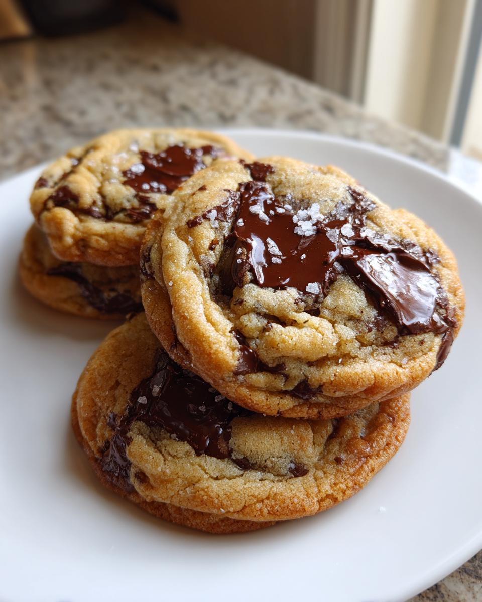 Close-up of three thick, gooey chocolate chip cookie stacks topped with melted chocolate and flaky sea salt.