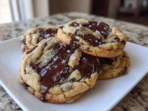 A stack of three thick, gooey chocolate chip cookie halves topped with melted chocolate and flaky sea salt.