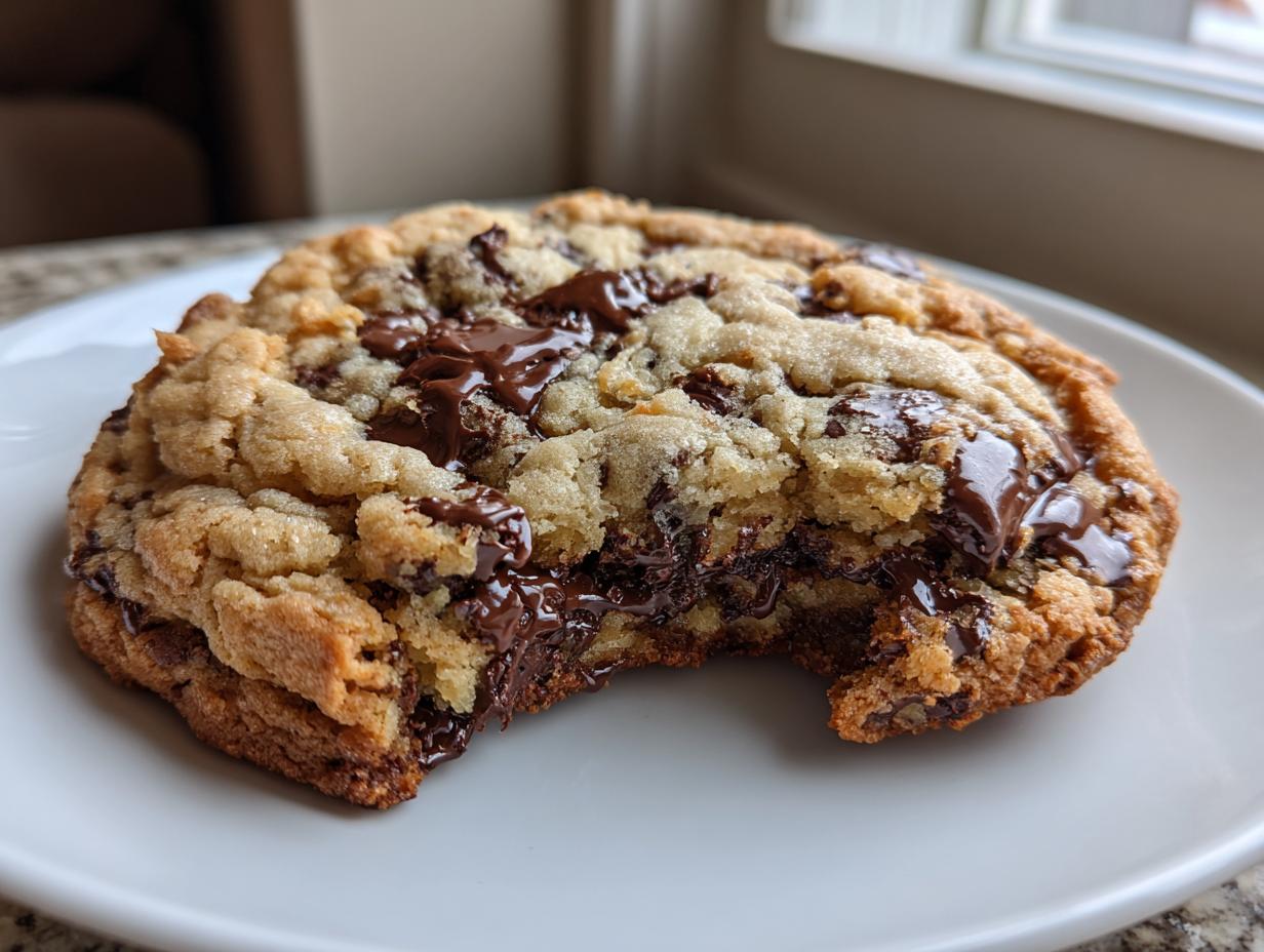 Close-up of a gooey, thick chocolate chip cookie with melted chocolate pools and a bite missing.