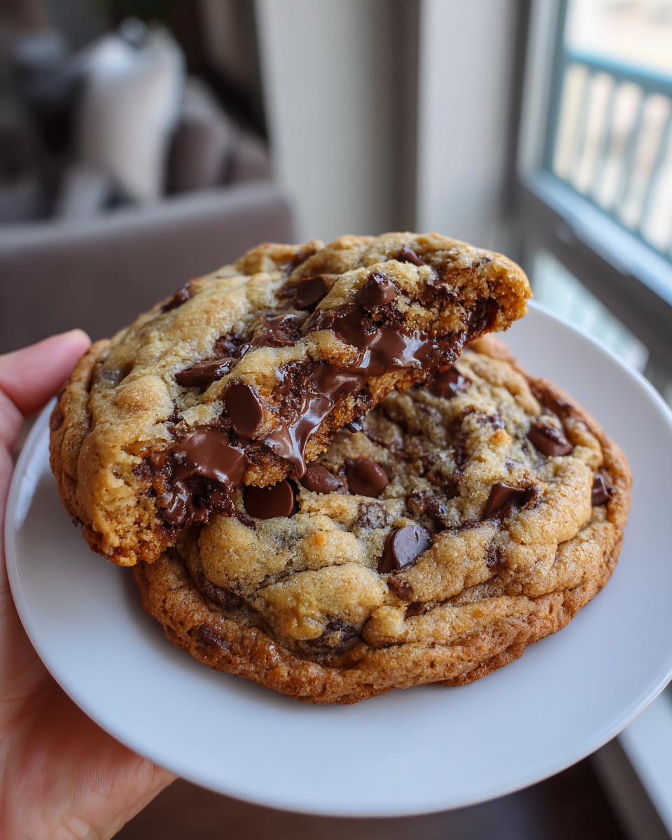 A hand holding a white plate with a chocolate chip cookie broken in half, revealing a melted, gooey center.