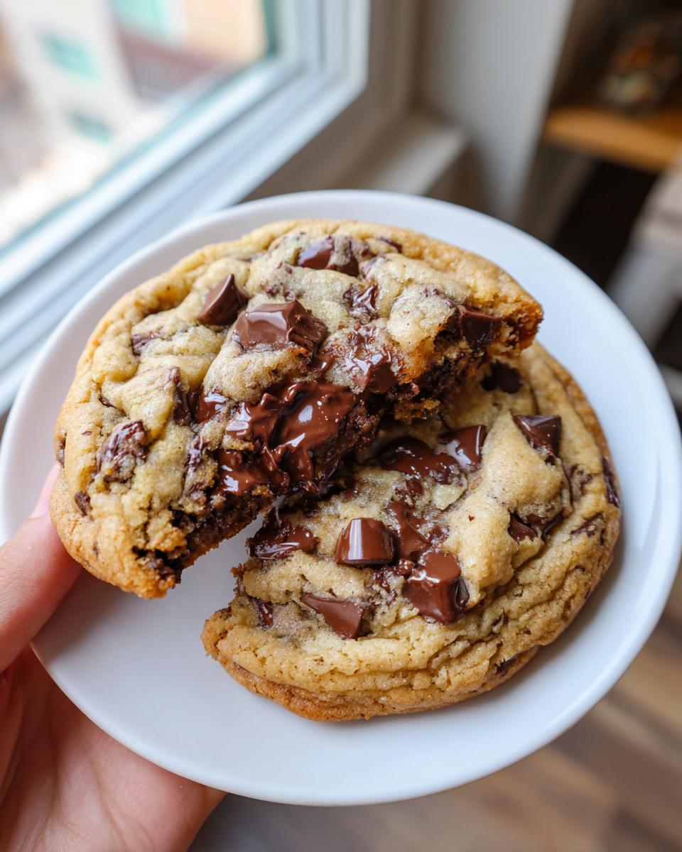 A perfectly baked chocolate chip cookie broken in half, showing molten chocolate chips, held over a white plate.