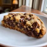 Close-up of a thick chocolate chip cookie slice showing melted chocolate chips inside.