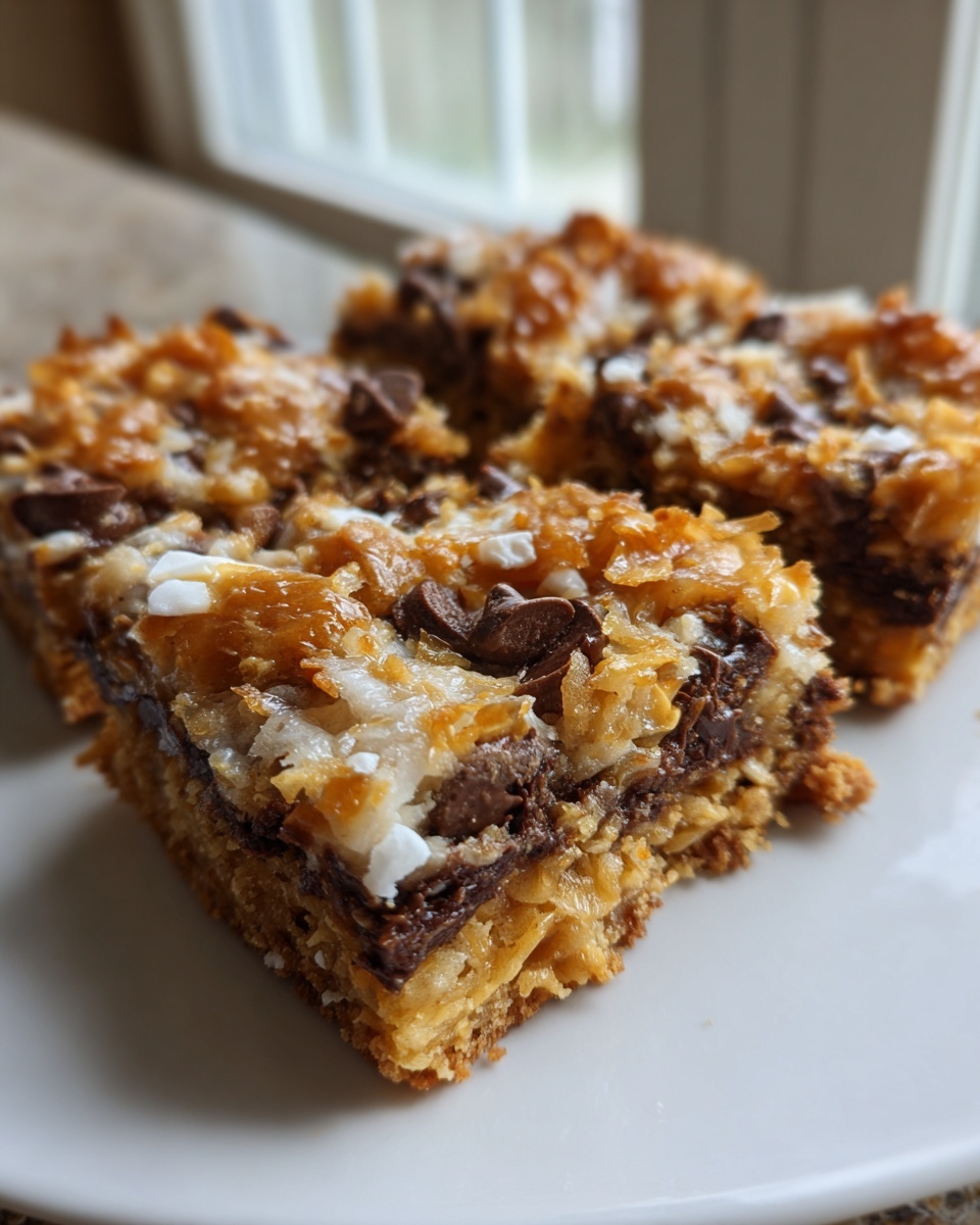 Close-up of several squares of rich, layered magic cookie bars topped with chocolate chips and toasted coconut.