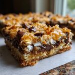 A close-up, cross-section view of a delicious magic cookie bars square showing the buttery crust, chocolate chips, and toasted coconut topping.