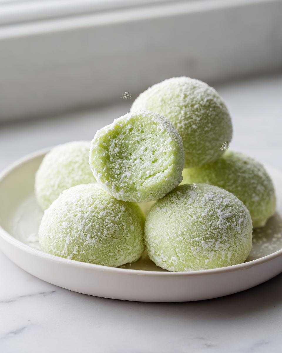 A stack of light green, powdered sugar-dusted cream cheese mints served on a white plate.