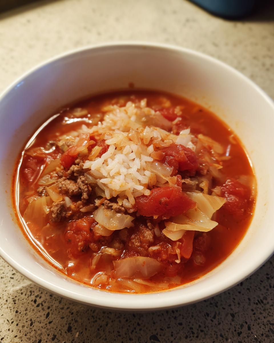 Close-up of a white bowl filled with rich, red cabbage soup topped with ground meat, tomatoes, and white rice.
