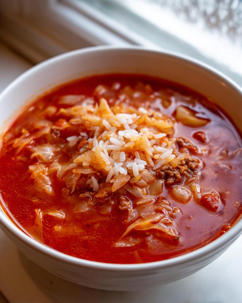 Close-up of a white bowl filled with rich, red cabbage soup, topped with white rice and ground meat.