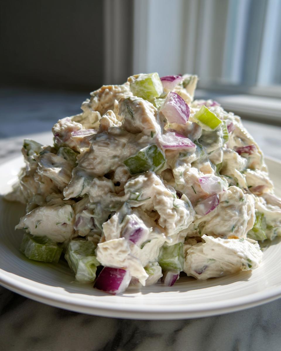 A mound of creamy high protein chicken salad featuring chunks of chicken, red onion, and celery served on a white plate.