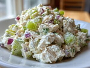 Close-up of a mound of creamy high protein chicken salad featuring chunks of chicken, bright green celery, and red onion.