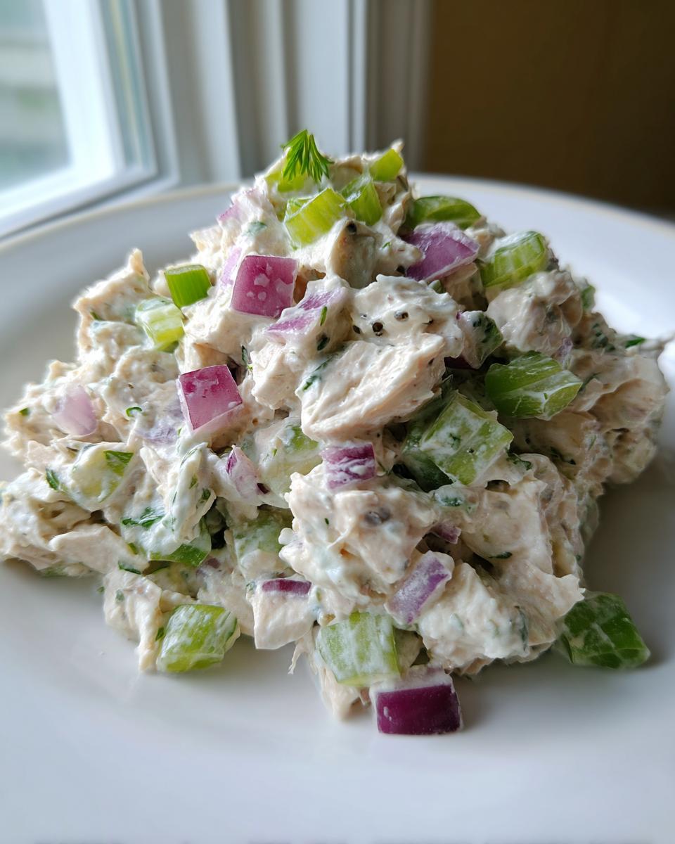 A mound of creamy high protein chicken salad mixed with diced celery and purple onion on a white plate.