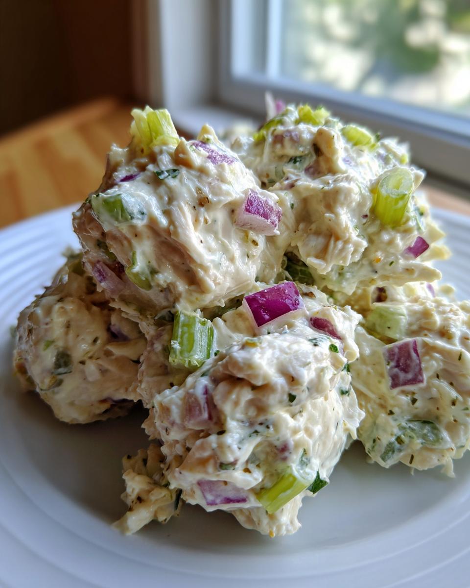 Close-up of scoops of creamy high protein chicken salad mixed with diced red onion and celery on a white plate.