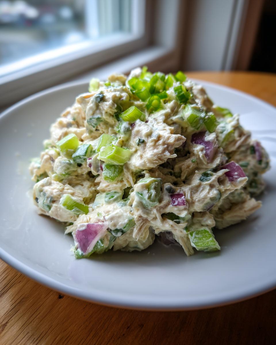 A mound of creamy high protein chicken salad mixed with celery and red onion, topped with fresh green scallions.