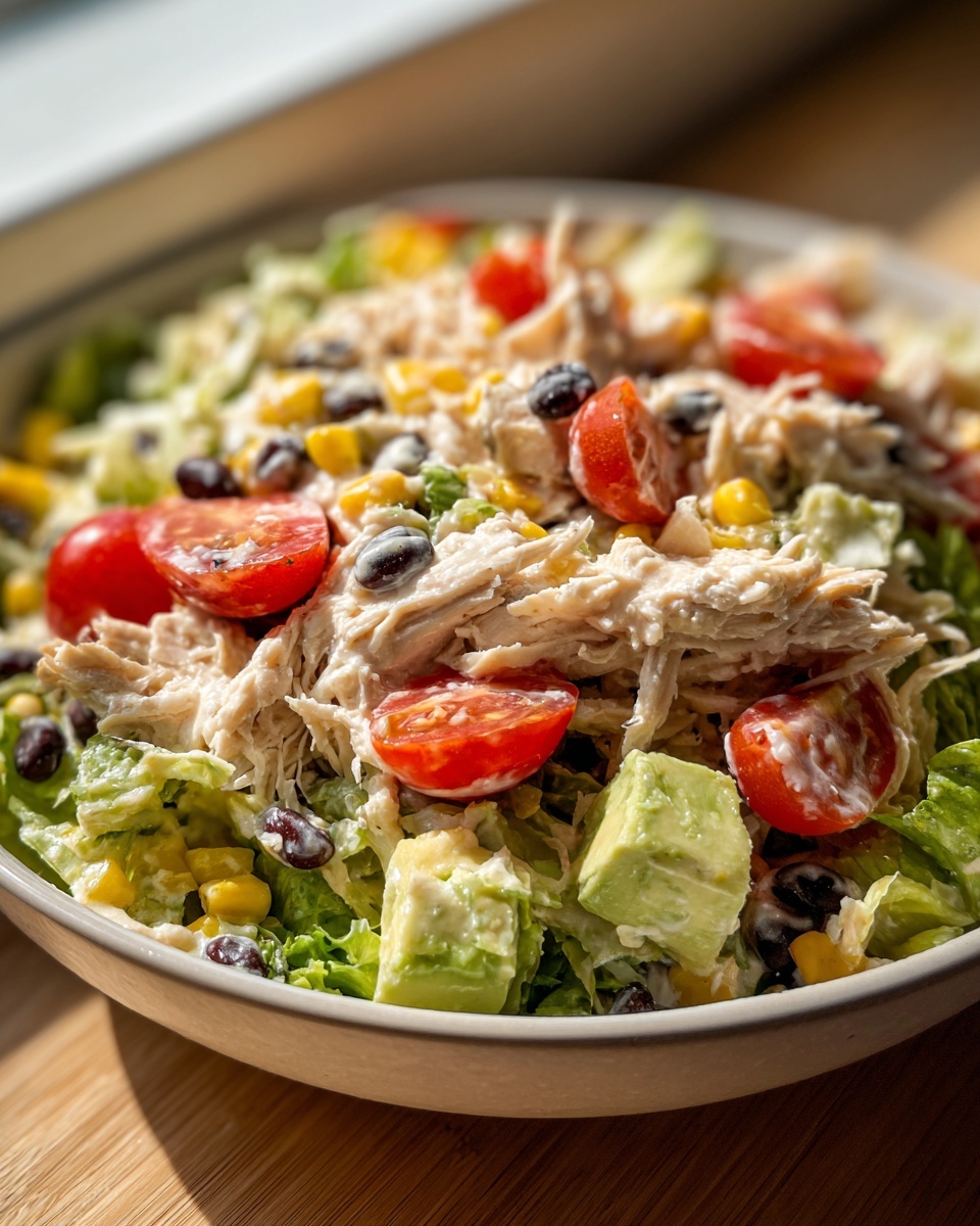 Close-up of a vibrant high protein salad featuring shredded chicken, avocado chunks, cherry tomatoes, corn, and black beans.