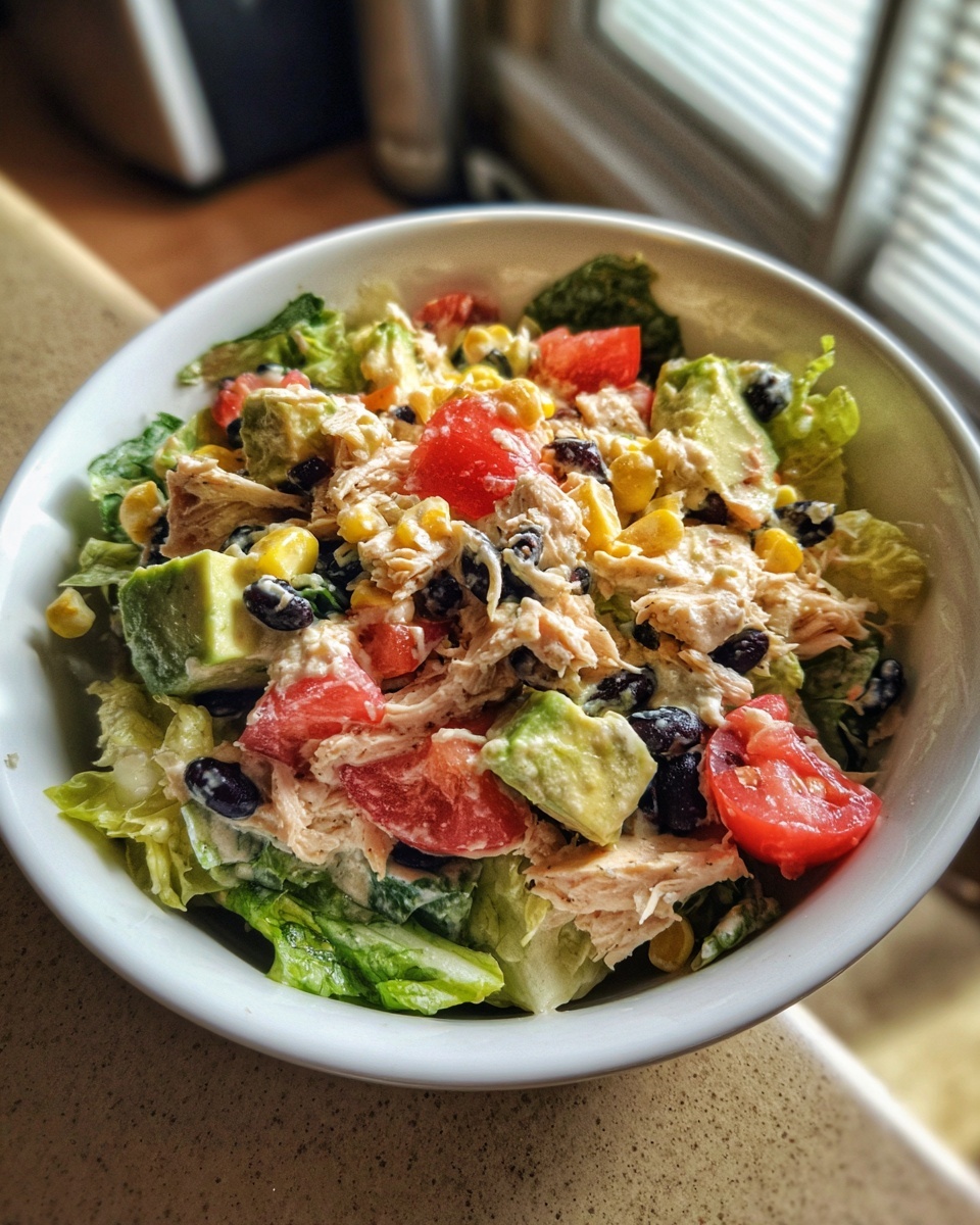 Close-up of a bowl filled with a hearty high protein salad featuring shredded chicken, avocado, tomatoes, corn, and black beans.