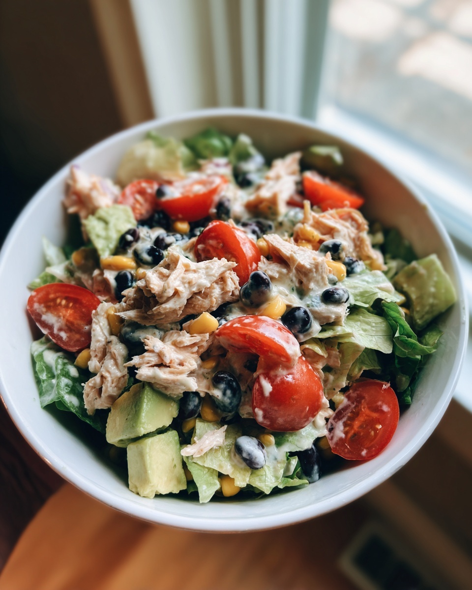A close-up overhead view of a bowl containing a vibrant high protein salad with shredded chicken, avocado, tomatoes, and black beans.