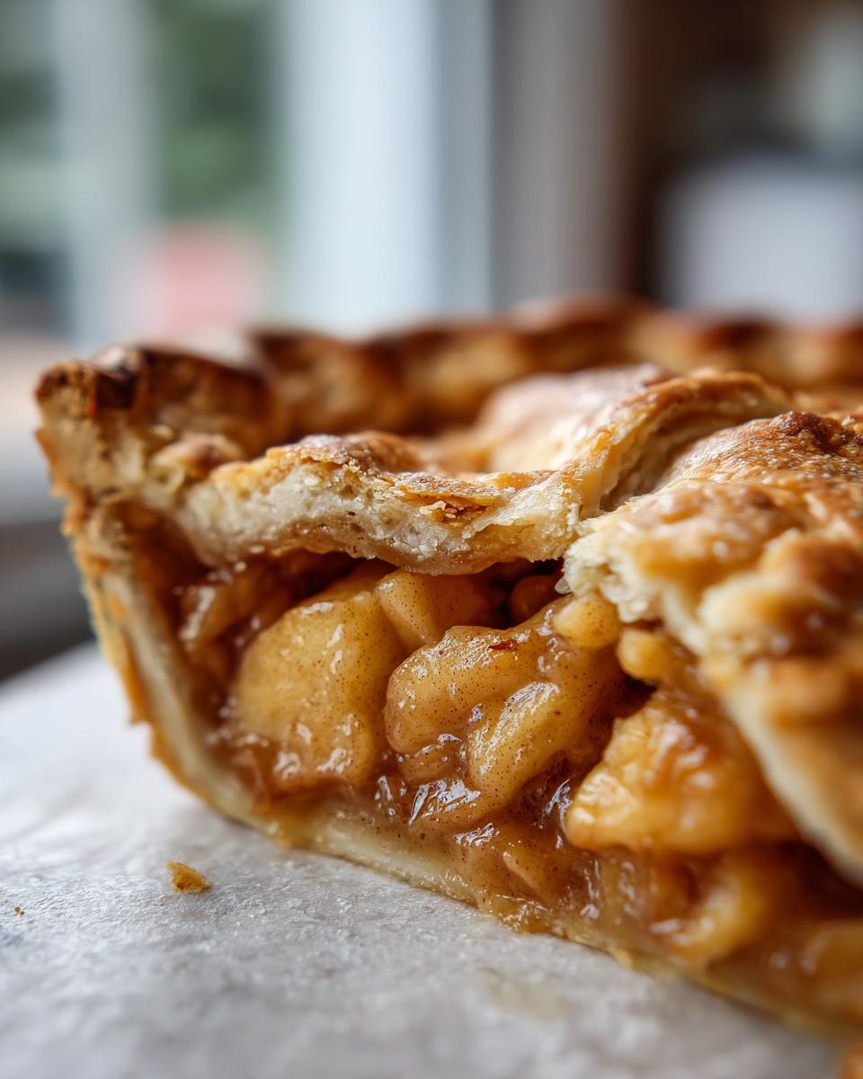 A close-up cross-section of a slice of homemade apple pie showing flaky crust and thick, spiced apple filling.