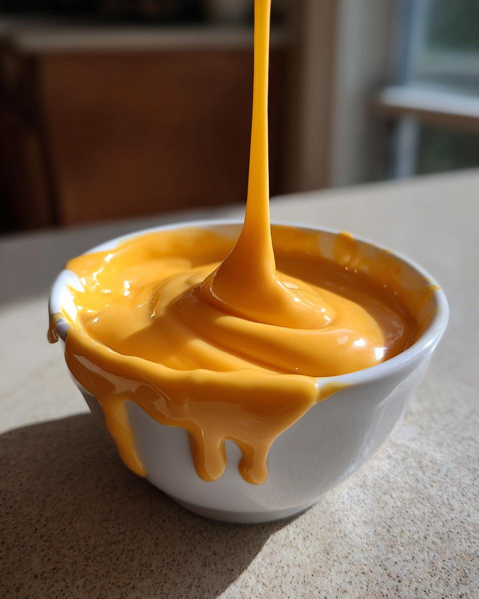 A stream of bright orange, velvety cheese sauce is being poured into a small white bowl, overflowing slightly.