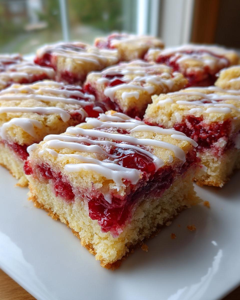 A close-up of several square cherry pie bars with a bright red cherry filling and white icing drizzle.