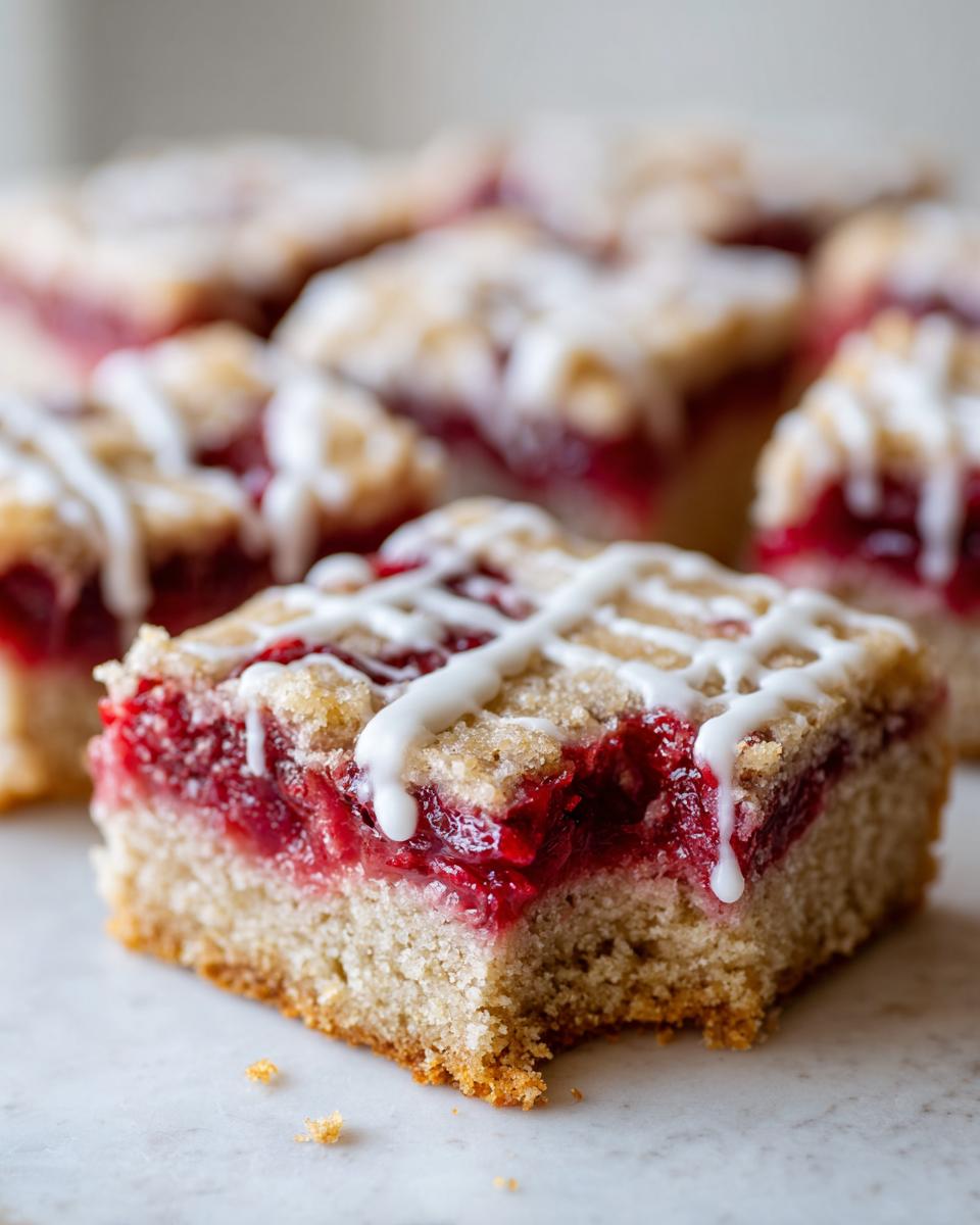 A close-up of a single square of cherry pie bars showing the thick cherry filling and white icing drizzle.