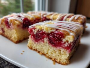 Close-up of moist cherry pie bars, featuring bright red cherries baked into a yellow cake base and drizzled with white icing.