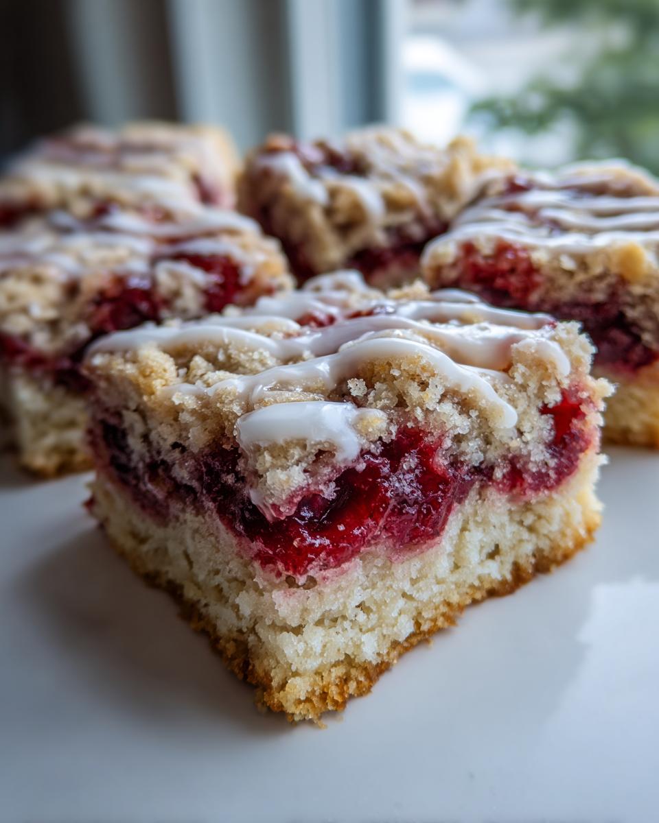A close-up of a square cherry pie bars slice showing a thick layer of bright red cherry filling, crumb topping, and white glaze.