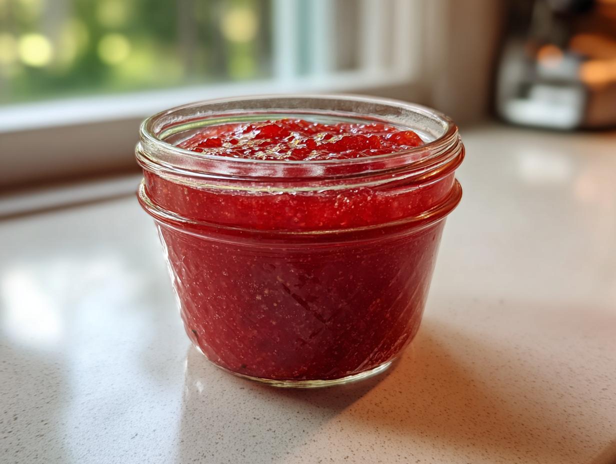 A close-up of a small glass jar filled with bright red, glistening freezer jam sitting on a light countertop.