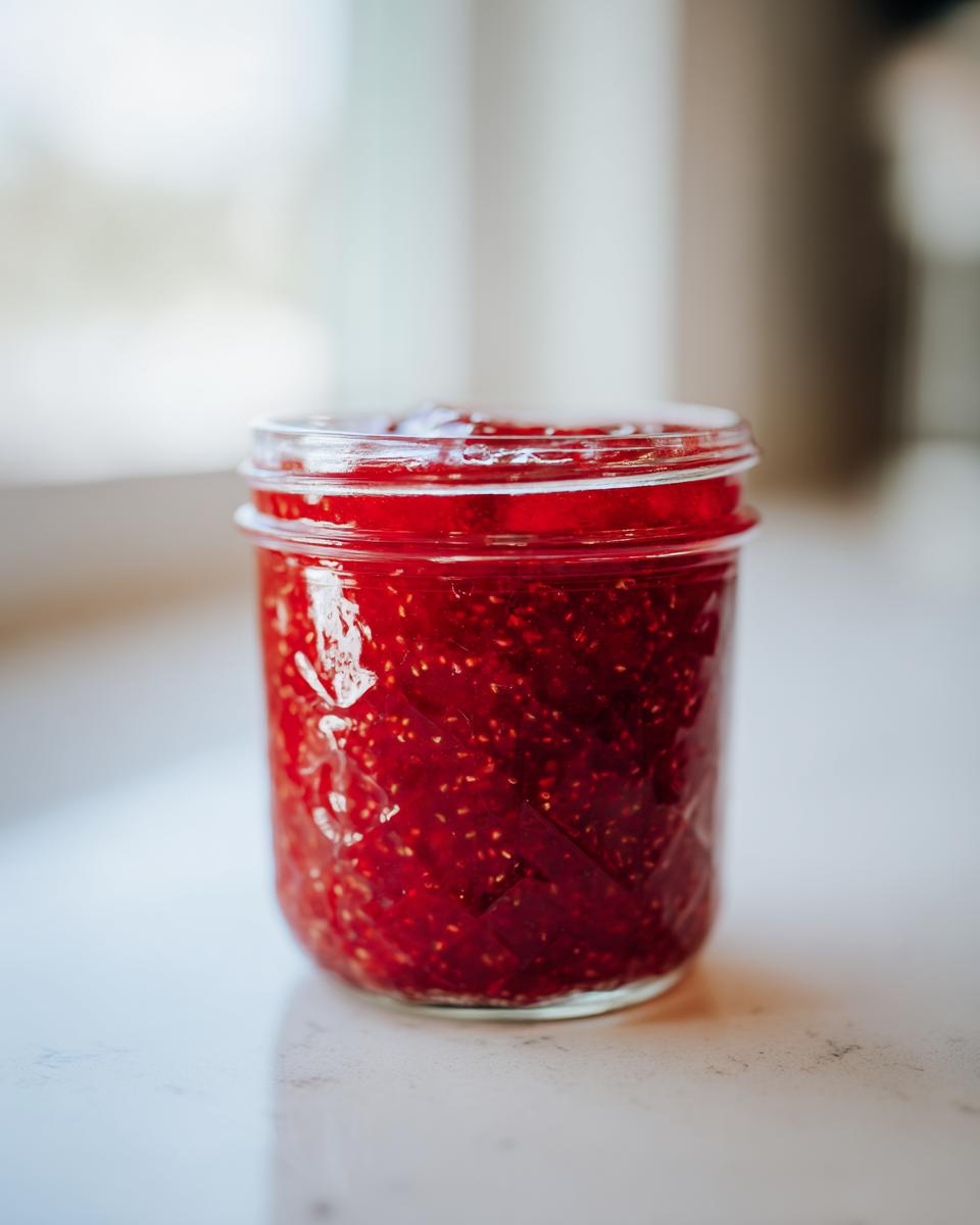 A close-up of a glass jar filled with bright red, textured raspberry freezer jam.