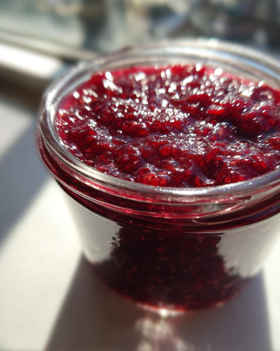 Close-up of a glass jar filled with vibrant, chunky red christmas jam, glistening in bright sunlight.