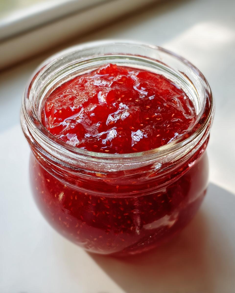 Close-up of a glass jar filled with vibrant, chunky strawberry freezer jam, catching sunlight.