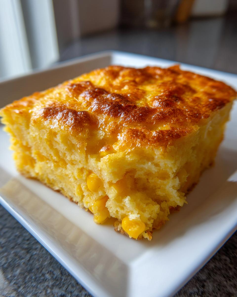 A close-up of a golden-brown slice of moist jiffy corn casserole on a white plate.