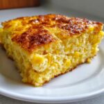 A close-up of a moist, golden slice of jiffy corn casserole featuring visible whole corn kernels.