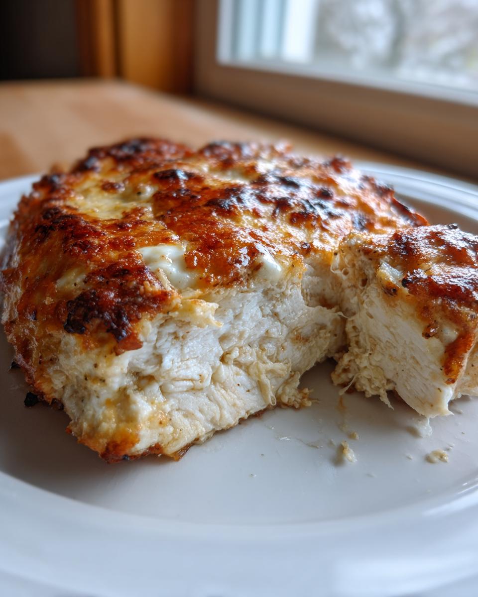 Close-up of juicy baked ranch chicken breast cut open, showing white meat and a bubbly, browned cheese topping.