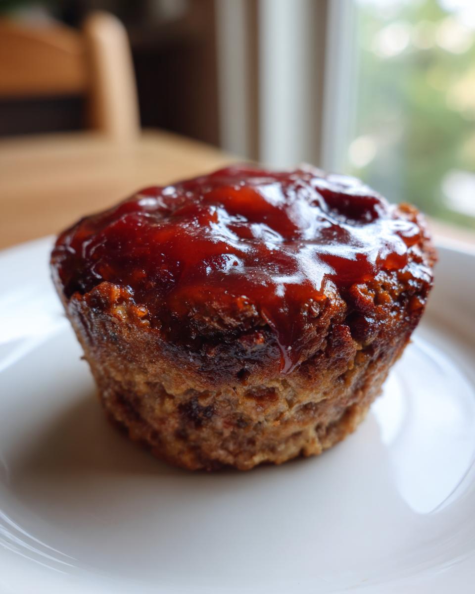 A single, perfectly baked mini meatloaf topped with a thick, shiny red glaze, sitting on a white plate.