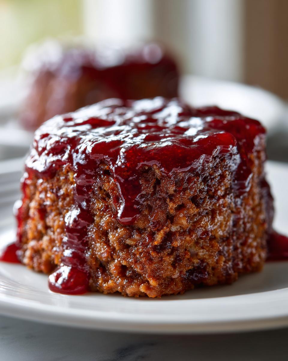 Close-up of a single, perfectly formed mini meatloaf topped with a thick, glossy red glaze.