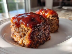 Two perfectly cooked mini meatloaf portions topped with a thick, shiny red glaze, sitting on a white plate.